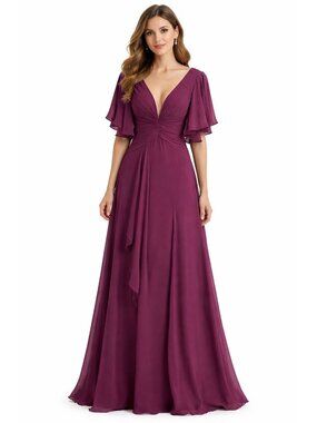 Plum Chiffon Maxi Dress Size 8 Corset Back V-Neck Flutter Sleeve
